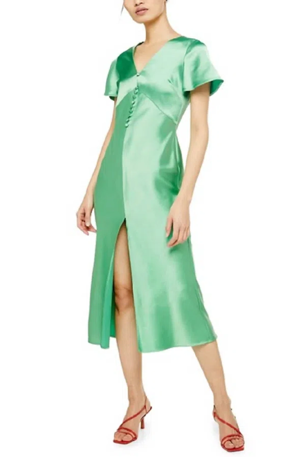 Topshop Angel Sleeve Bias Cut Satin Midi Dress In Green | ModeSens