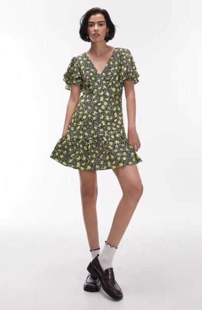 Topshop Bella Tea Dress With Angel Sleeve In Yellow Floral Print