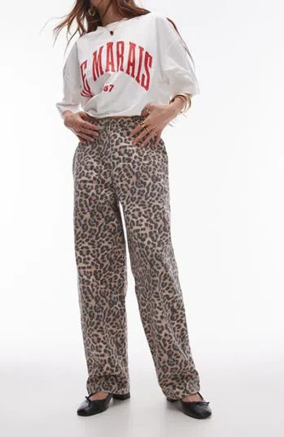 Topshop Animal Print Straight Leg Pants In Multi