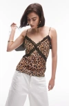 Topshop Animal Spot Lace Trim Camisole In Brown