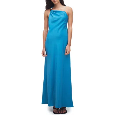 Topshop Asymmetrical Beaded Neck Satin Maxi Dress In Blue