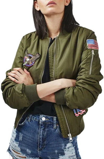 Topshop Badged Ma1 Bomber Jacket In Green