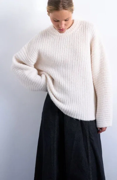 Topshop Balloon Sleeve Crewneck Rib Sweater In White