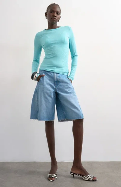 Topshop Raw Hem Knee Length Denim Barrel Shorts In Blue
