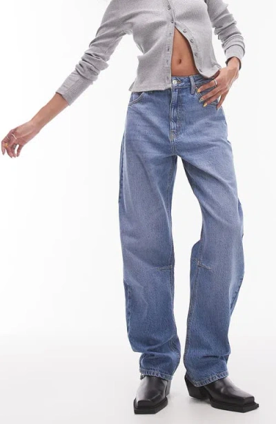 Topshop Barrel Leg Jeans In Medium Blue