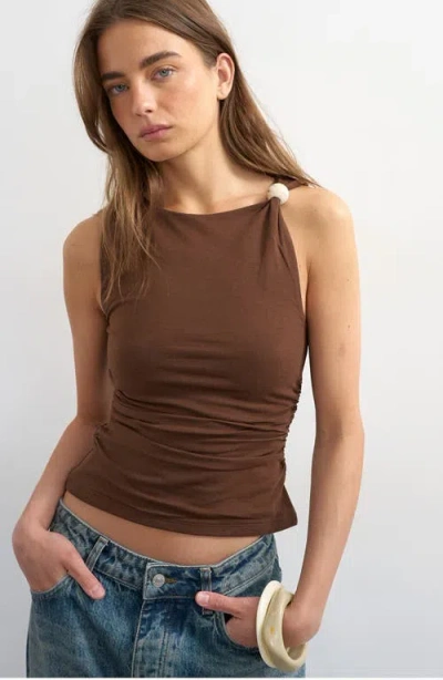 Topshop Bead Embellished Ruched Stretch Cotton Top In Brown
