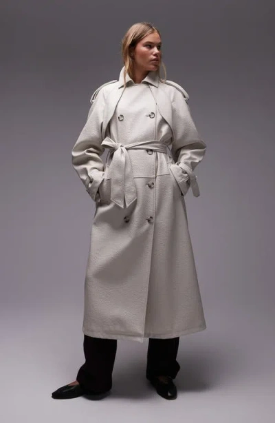 Topshop Belted Faux Leather Trench Coat In Beige