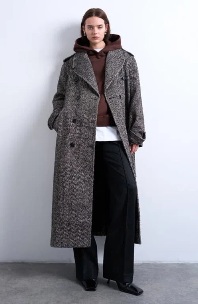 Topshop Belted Herringbone Longline Coat In Gray