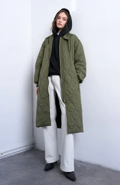 Topshop Belted Quilted Liner Jacket In Green