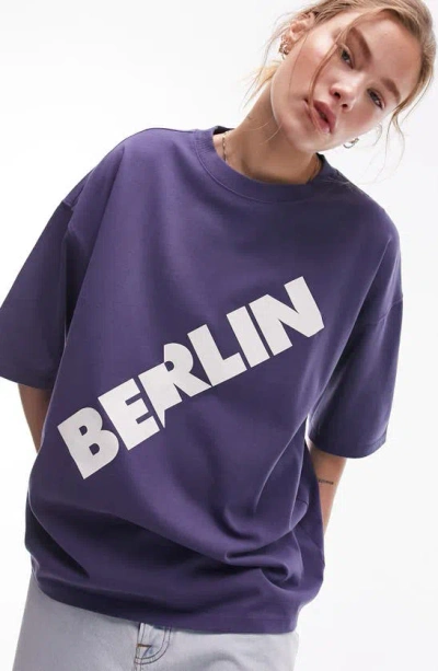 Topshop Berlin Oversize Graphic T-shirt In Mid Blue