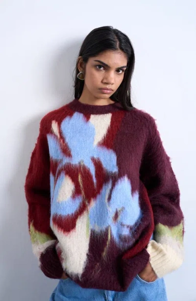 Topshop Blurred Floral Fuzzy Sweater In Burgundy
