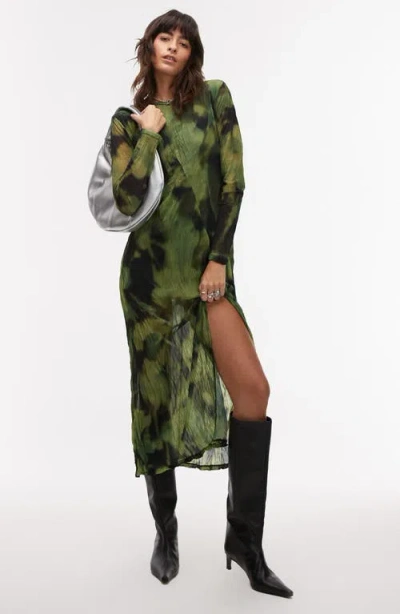 Topshop Blurred Floral Long Sleeve Mesh Midi Dress In Medium Green