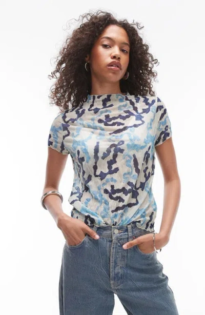 Topshop Bow Print Crinkle Top In Blue