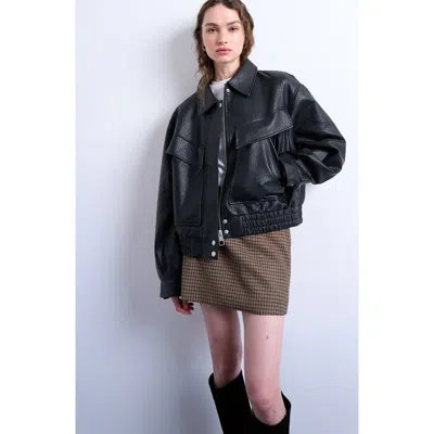 Topshop Boxy Faux Leather Bomber Jacket In Black