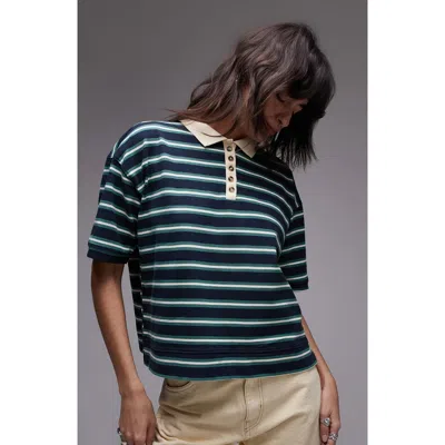Topshop Stripe Boxy Short Sleeve Polo Shirt In Navy