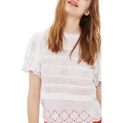 Topshop Broderie Ruffle Sleeve Top In White
