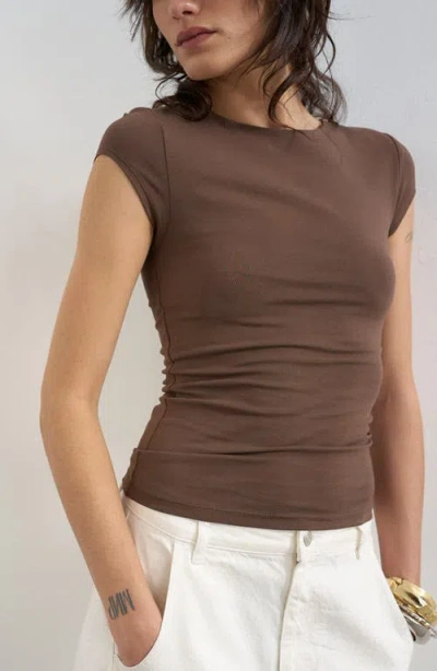 Topshop Cap Sleeve Rib Top In Brown