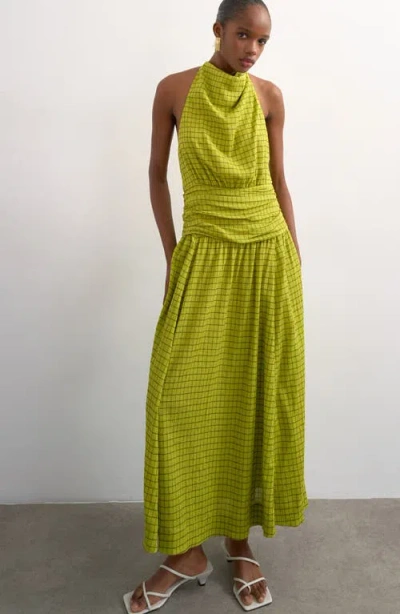 Topshop Check Print Halter Maxi Dress In Green