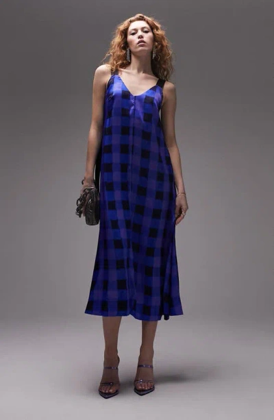 Topshop Check Satin Slipdress In Mid Blue