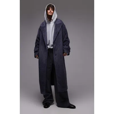 Topshop Chuck On Faux Fur Longline Coat In Navy