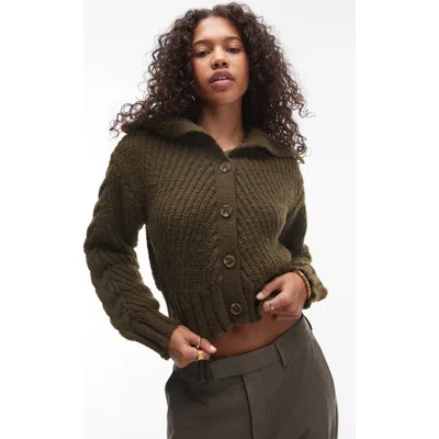 Topshop Chunky Collared Cardigan In Khaki