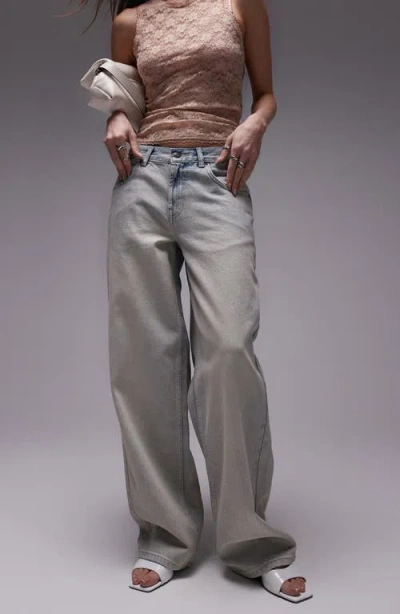 Topshop Cinch Low Rise Wide Leg Jeans In Blue