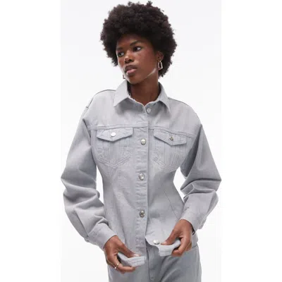 Topshop Cinch Waist Denim Button-up Shirt In Light Blue