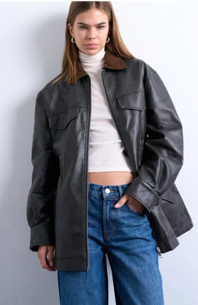 Topshop Cinch Waist Faux Leather Jacket In Black