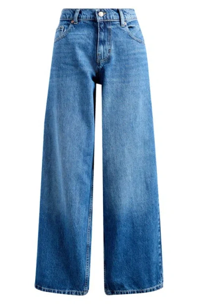 Topshop Cinch Wide Leg Jeans In Mid Blue