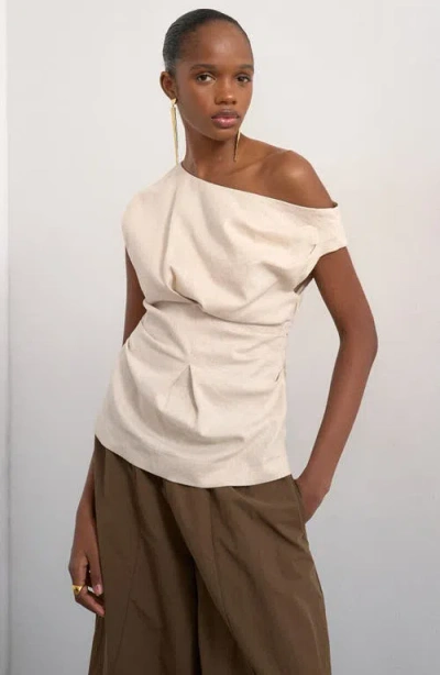 Topshop Cinched Waist Linen Blend Top In Nude