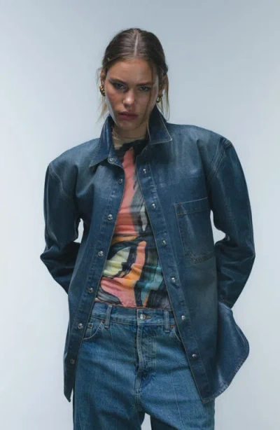 Topshop Coated Denim Snap-up Shirt In Mid Blue