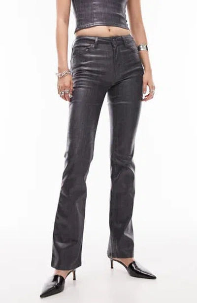 Topshop Coated Flare Leg Pants In Mid Blue
