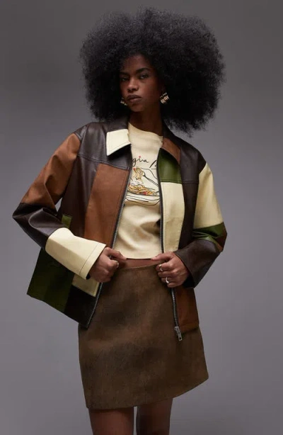 Topshop Contrast Panel Detail Zip Through Faux Leather Jacket In Multi