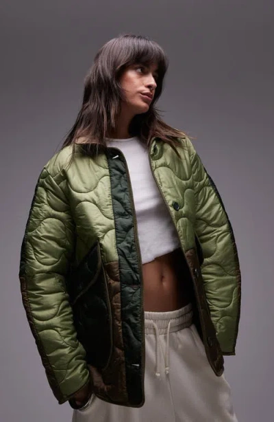 Topshop Colorblock Quilted Bomber Jacket In Multi Green