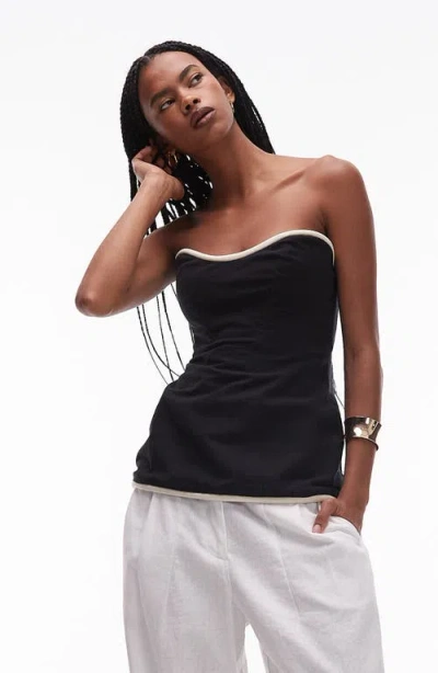 Topshop Contrast Binding Strapless Cotton Top In Black