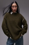 Topshop Contrast Seam Oversize Sweater In Khaki