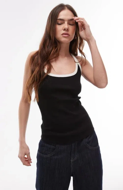 Topshop Contrast Trim Rib Tank In Black