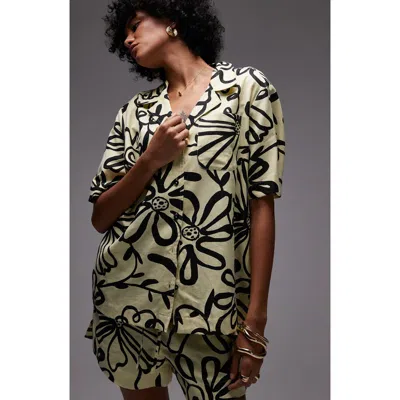 Topshop Cotton & Hemp Button-up Resort Shirt In Yellow