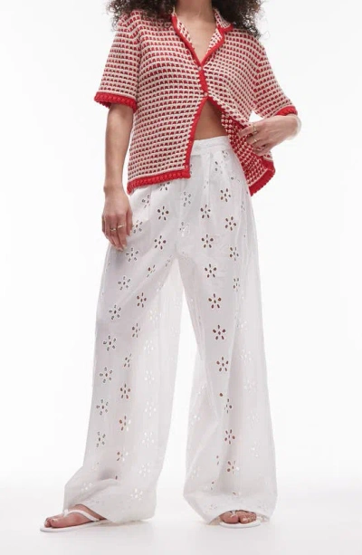 Topshop Cotton Eyelet Wide Leg Cover-up Trousers In White