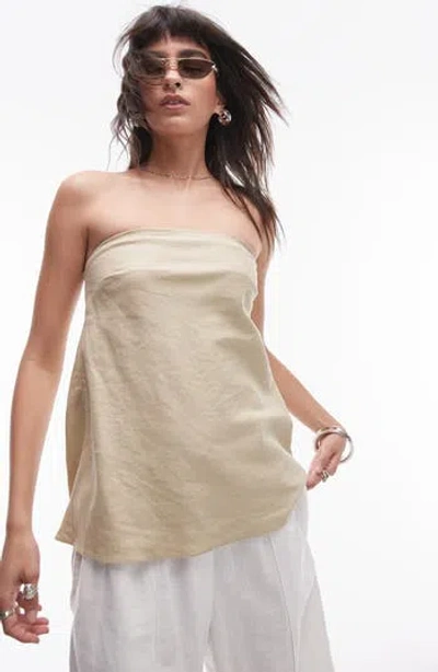 Topshop Linen Look Longline Bandeau Top In Sand-neutral
