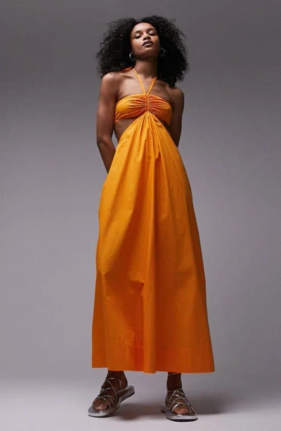 Topshop Cotton Poplin Halter Maxi Dress In Orange