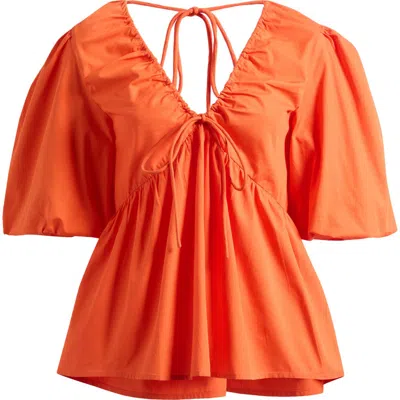 Topshop Poplin Puff Sleeve Top In Orange