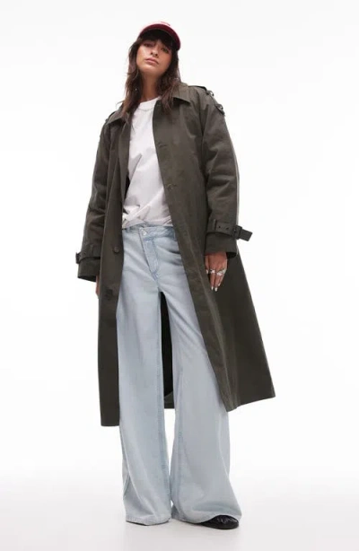 Topshop Cotton Trench Coat With Removable Quilted Lining In Dark Green