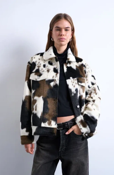 Topshop Faux Fur Pony Skin Western Trucker Jacket In Black