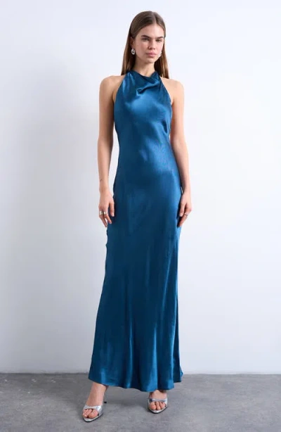 Topshop Cowl Halter Neck Open Back Maxi Dress In Blue