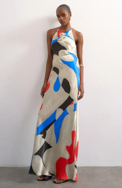 Topshop Cowl Halter Neck Open Back Maxi Dress In Multi