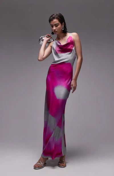 Topshop High Cowl Neck Maxi Dress In Pink Blurred Print