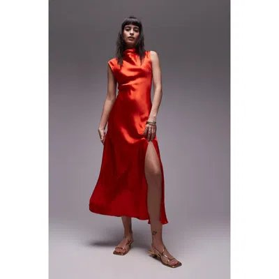 Topshop Cowl Neck Satin Midi Dress In Red