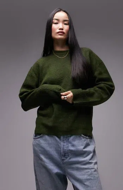 Topshop Crewneck Knit Sweater In Dark Green