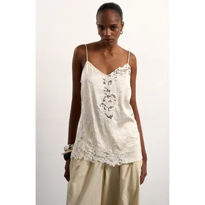 Topshop Crinkle Satin Top With Lace Inserts In White